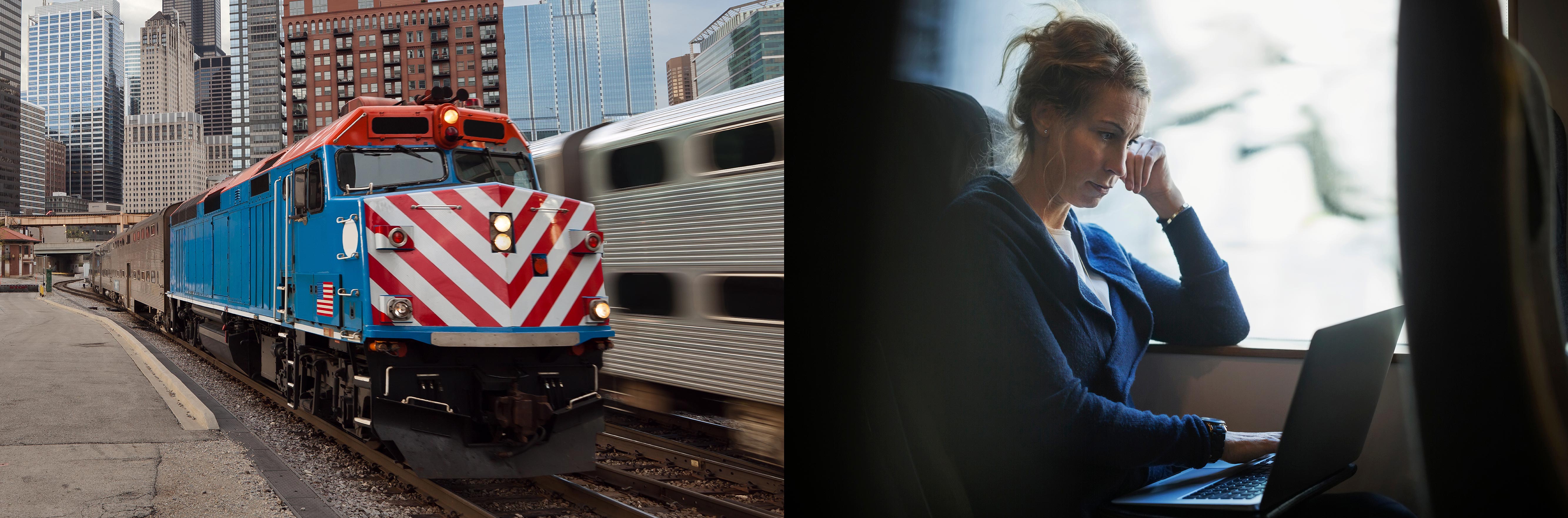 Chicago Metra train with red, white and blue locomotive, downtown district in background | business woman sitting near window of passenger train using laptop 